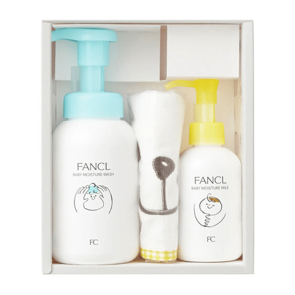 FANCL Baby Soap Gift Set – Baby Moisture Wash 300ml, Baby Moisture Milk 120ml, Baby Bib