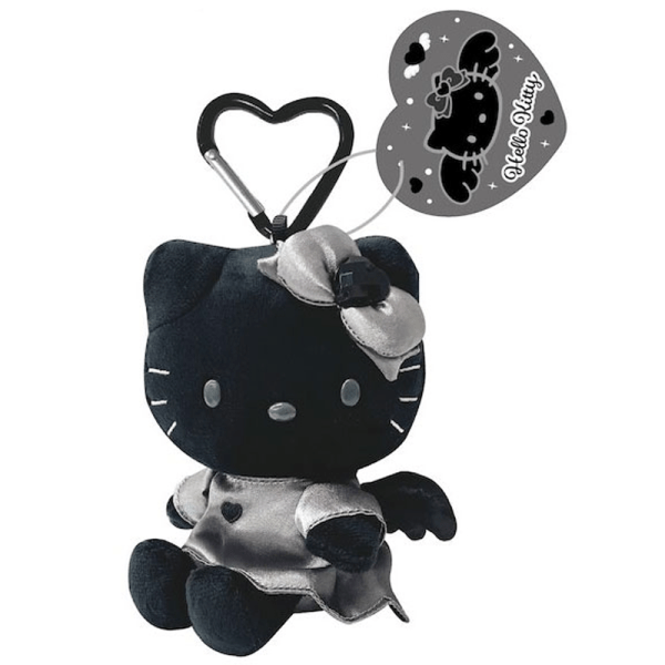 SANRIO Black Leather Long Leg KT Style Heart-Shaped Sitting Plush Pendant, Black/Grey