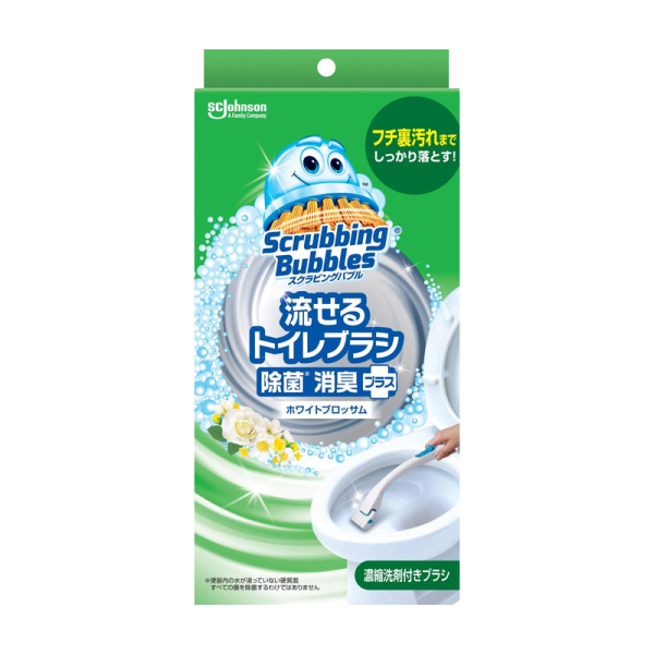 Johnson Scrubbing Bubbles Flushable Deodorizing Antibacterial Toilet Brush + Detergent Set (White Blossom Scent)