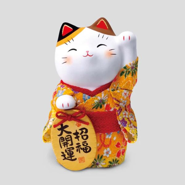 Yakushigama Beckoning Cat in Yellow Silk Kimono Holding Gold Coin (For Luck, Large)