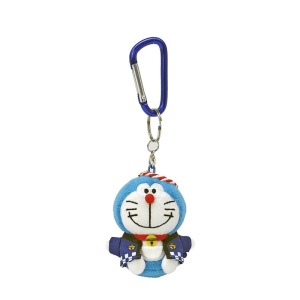 BANDAI Doraemon plush keychain, blue/red.