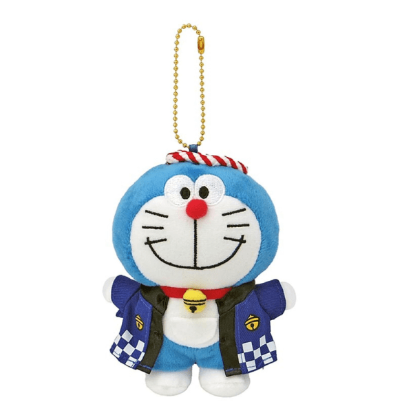 BANDAI Doraemon plush keychain, blue/red, Doraemon mascot.