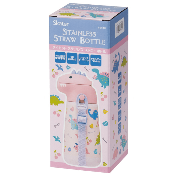 SKATER Stainless Steel Insulated Straw Drinking Water Bottle 370ml Pink Dinosaur